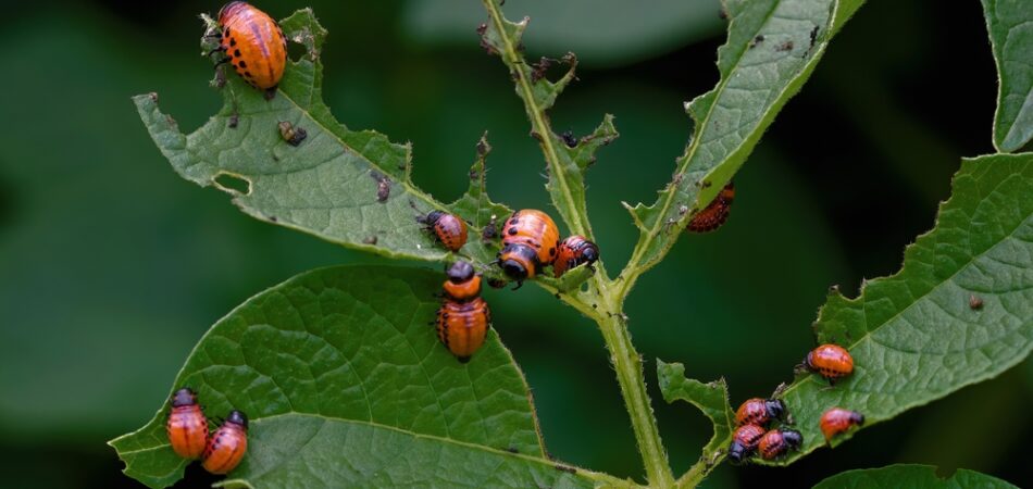 Group,of,potato,bug,larvae,feeding,on,leaves,of,potato